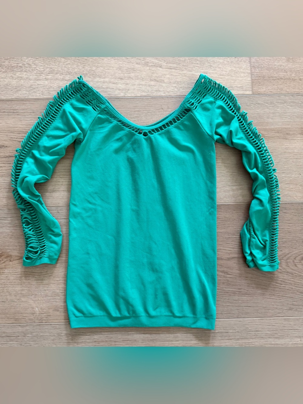 Bebe Off Shoulder Ladder Trim Knit Top Green Small